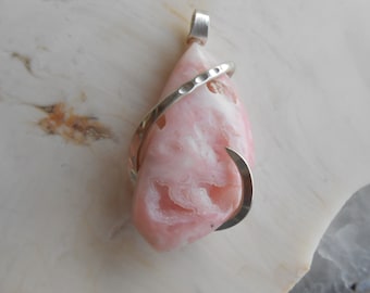 Pink Cave Druze Opal Silver Wrapped Pendant