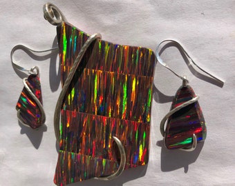 Red Gilson Opal Silver Wrapped Pendant Earrings--TERRIFFIC