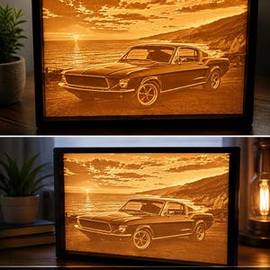 May include: A black framed 3D relief art piece featuring a classic car parked on a beach at sunset. The artwork has a warm, ambient glow and is made with high-quality materials. The text on the bottom reads: WARM AMBIENT GLOW, DETAILED 3D RELIEF, PERFECT GIFT, PREMIUM QUALITY.