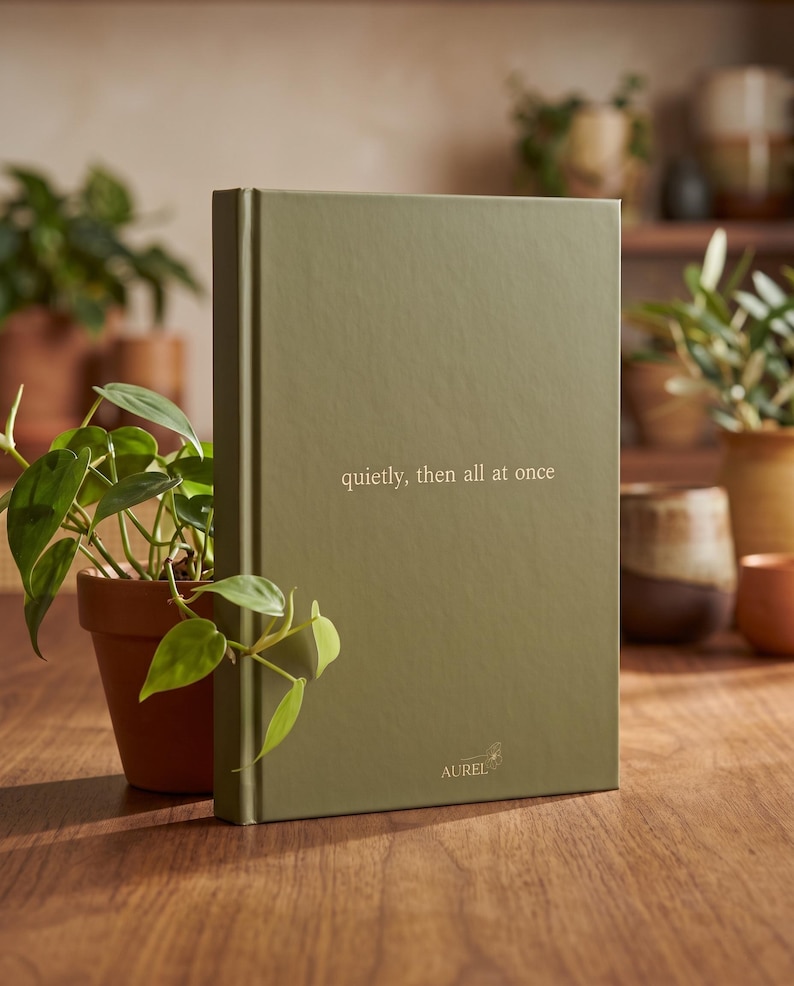 Pu&ograve; includere: Un libro con copertina rigida color verde salvia con il testo "quietly, then all at once" stampato in oro sulla copertina. La parola "AUREL" &egrave; stampata in piccole lettere dorate vicino al centro in basso, con una piccola icona di un'ape.