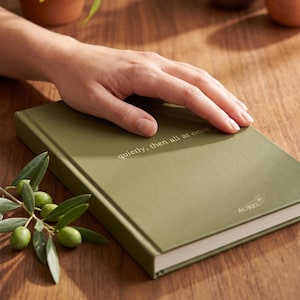 Pu&ograve; includere: Un diario con copertina rigida color verde oliva con il testo "quietly, then all at once" stampato in oro sulla copertina anteriore. Il nome del marchio "AUREL" &egrave; stampato in oro vicino all'angolo in basso a destra della copertina liscia.