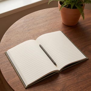 Pu&ograve; includere: Un taccuino aperto con pagine color crema a righe &egrave; appoggiato in piano, caratterizzato da una copertina verde oliva scuro. Una penna abbinata verde oliva scuro &egrave; posizionata in diagonale al centro delle pagine aperte, pronta per scrivere.