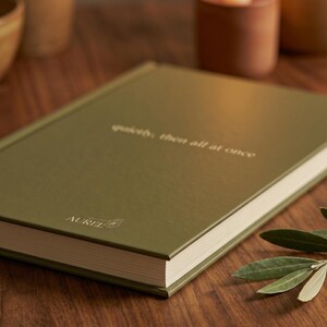 Pu&ograve; includere: Un libro rilegato con copertina verde oliva che presenta il testo "quietly, then all at once" impresso in oro al centro e il nome del marchio "AUREL" con una piccola icona floreale stampata in oro in basso a sinistra sulla copertina.