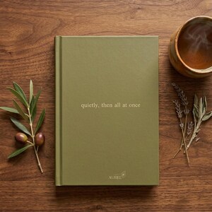 Pu&ograve; includere: Un quaderno con copertina rigida verde oliva con il testo "quietly, then all at once" stampato in oro sulla copertina anteriore. La parte inferiore della copertina riporta il marchio "AUREL" in piccole lettere dorate con un disegno di un fiore.