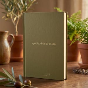 Pu&ograve; includere: Un libro con copertina rigida di colore verde oliva opaco, caratterizzato dal testo 'quietly, then all at once' impresso in oro al centro e dal nome del marchio 'AUREL' stampato in oro vicino al bordo inferiore della copertina.