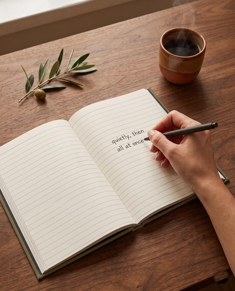 Pu&ograve; includere: Un taccuino aperto con pagine a righe che presenta il testo scritto a mano 'quietly, then all at once' in inchiostro nero. Una penna grigio scuro &egrave; tenuta sopra la pagina. Nelle vicinanze si trovano una piccola tazza in ceramica e un ramo d'ulivo.