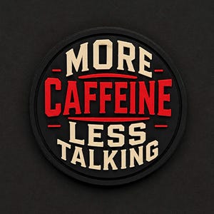 Może przedstawiać: Okrągła czarna naszywka z wypukłym napisem w kolorze kremowym i czerwonym. Tekst brzmi MORE CAFFEINE w kolorze kremowym i czerwonym, a następnie LESS TALKING w kolorze kremowym. Projekt zawiera poziome czerwone linie oddzielające słowa na czarnym tle.