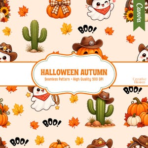 Puede incluir: Un patrón continuo con fantasmas de dibujos animados con sombreros de vaquero, calabazas naranjas, cactus verdes y hojas de arce otoñales sobre fondo claro. El texto HALLOWEEN AUTUMN Seamless Pattern High Quality 300 DPI está en un marco.