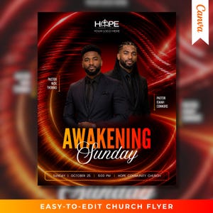 May include: A church event flyer featuring two men in dark suits against a red and orange swirling light background. Text includes HOPE COMMUNITY CHURCH, PASTOR NICK THOMAS, PASTOR ISAIAH CONNORS, AWAKENING Sunday, SUNDAY | OCTOBER 25 | 6:00 PM.