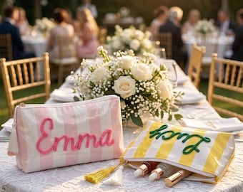 Personalized Striped Makeup Bag, 3D Yarn Name Cosmetic Pouch, Bridesmaid Gift Bag