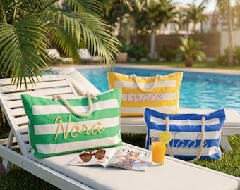 Personalized Striped Beach Tote | Custom Name Pool Bag, Summer Vacation Accessory