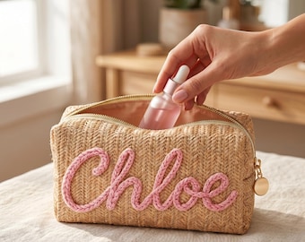 Neceser de paja personalizado, estuche cosmético de rafia tejida, regalo para damas de honor, bolso de mano de verano