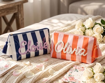 Personalized Striped Makeup Bag Bachelorette Party 3D Yarn Name Waterproof Pouch