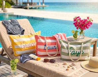 Bolso de playa a rayas personalizado, bolso de piscina con nombre personalizado, regalo para damas de honor