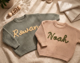 Custom Embroidered Baby Name Sweater: Hand-Embroidered Knit Keepsake Gift