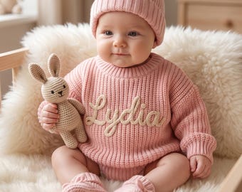Personalized Hand-Embroidered Knit Baby Sweater, Cozy Keepsake Gift