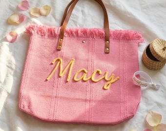 Custom Embroidered Fringe Tote Bag, Boho Beach Bachelorette Gift