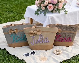 Personalized Straw Beach Bag and Hat Set, Custom Name Summer Tote, Bridesmaid Gift