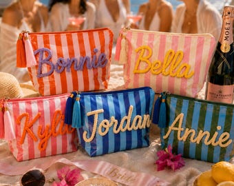 Personalized Striped Makeup Bag, Custom Waterproof PVC Cosmetic Pouch, Bridesmaid Gift, Bachelorette Party Favor, Monogram Travel Bag