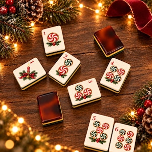 Puede incluir: Un conjunto de fichas de mahjong rectangulares con ilustraciones navideñas. Algunas fichas muestran los números del uno al seis junto a motivos de caramelos de menta, acebo y una vela, mientras otras tienen un reverso marrón oscuro.
