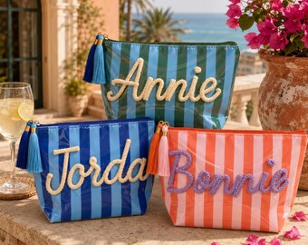 Personalized Striped Makeup Bag, Waterproof PVC Cosmetic Pouch, Bridesmaid Gift
