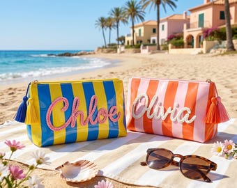 Pochette per il trucco personalizzata a righe, pochette cosmetica con nome in filato 3D, regalo per damigella d'onore.