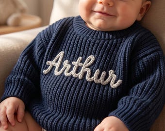 Personalized Hand-Embroidered Baby Sweater | Custom Name Knit Toddler Gift
