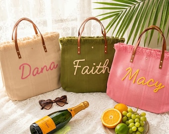 Custom Embroidered Fringe Tote Bag, Boho Beach Bachelorette Gift
