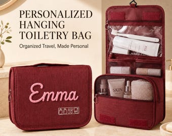 Personalized Hanging Toiletry Bag, Custom Name Travel Organizer, Large Makeup Bag (Foldable)