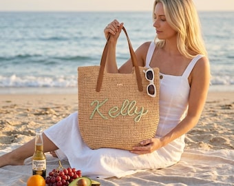 Personalized Straw Tote Bag, Custom Name Crochet, Bridesmaid Gift, Woven Market Bag