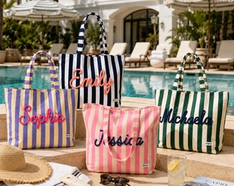 Personalized Striped Canvas Tote, 3D Yarn Name Beach Bag, Bridesmaid Gift Bag