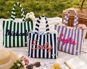Personalized Striped Canvas Tote Bag Custom Name Beach Bag Bridesmaid Gift Summer Tote Bag Girls Trip Bachelorette Weekend Tote