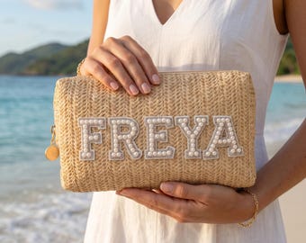 Personalized Straw Makeup Bag, Pearl Rhinestone Varsity Letter Pouch, Bridesmaid Gift