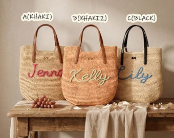 Borsa tote in paglia personalizzata, nome personalizzato all'uncinetto, regalo per damigella d'onore, borsa da mercato intrecciata
