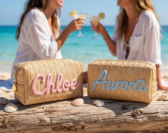 Personalized Straw Makeup Bag, Woven Raffia Cosmetic Pouch, Bridesmaid Gift, Summer Clutch