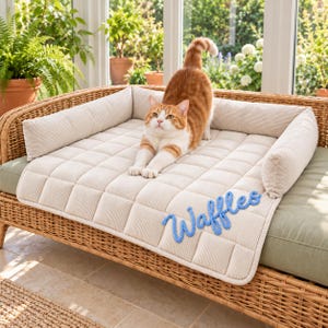 May include: A rectangular beige pet bed with raised sides and a tufted surface, featuring the name Waffles embroidered in blue script. An orange and white tabby cat is stretching on the bed, which is placed on a woven wicker furniture frame.