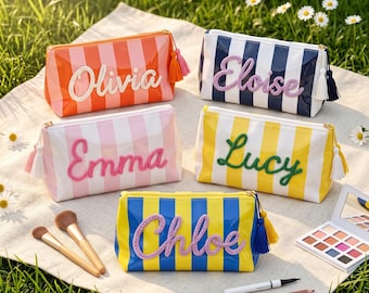Personalized Striped Makeup Bag | Custom Name Cosmetic Pouch | Embroidered Tassel Toiletry Case