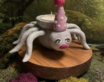 Daphne, Handmade Polymer Clay Spider Candle Holder, Quirky Whimsical Collectible, Gift