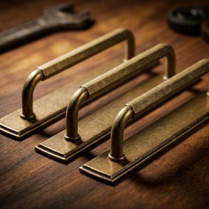 Puede incluir: Tres tiradores de armario de latón antiguo con base rectangular y asa curva. La ferretería está colocada sobre una superficie de madera oscura, con una llave inglesa y otras herramientas en el fondo. Los tiradores tienen un aspecto envejecido.