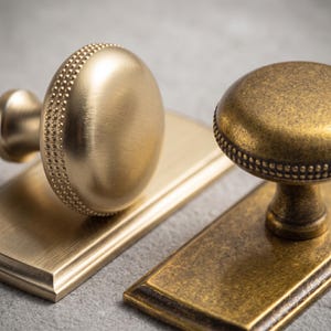 Può includere: Due pomelli per porta in metallo con placche rettangolari. Il pomello sinistro ha una finitura in ottone satinato spazzolato liscio con bordo a perline. Il pomello destro presenta una finitura in bronzo anticato più scuro e testurizzato.