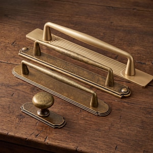 Cabinet Handles with Backplate, Antique Brass Kitchen Pulls Knobs, 5" 7.6" 12.6" Dresser Hardware, Vintage Modern Drawer Pull Zinc Alloy