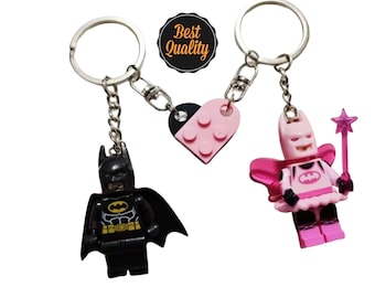Superhero Couple Keychain Set |  Matching Block Figure Keychains | Pink & Black Couple Gift
