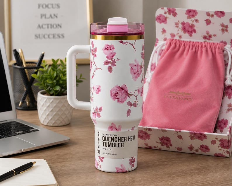 May include: White and pink floral print tumbler with a handle. The tumbler has a pink lid and gold trim. The text "QUENCHER H2.0 TUMBLER" is printed on the side. A pink drawstring bag and floral box are in the background.