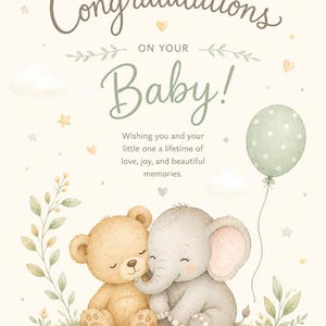 Puede incluir: Tarjeta de anuncio de bebé con las palabras "¡Felicidades por tu bebé!" en escritura elegante. La tarjeta presenta una ilustración de acuarela de un oso de peluche y un elefante abrazándose, con un globo verde con lunares.