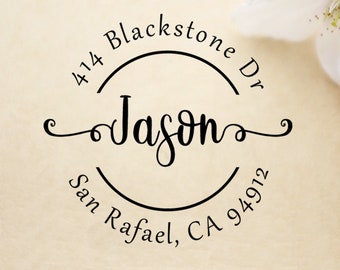 May include: A round return address stamp with the text "Jason", "414 Blackstone Dr", "San Rafael, CA 94912" in a black circle.