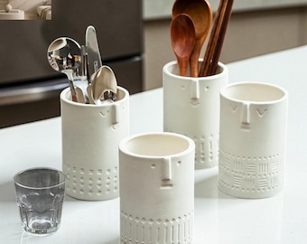 Ceramic Utensil Holder, Abstract Face Kitchen Organizer, Modern Countertop Storage, Japandi Kitchen Decor Crock