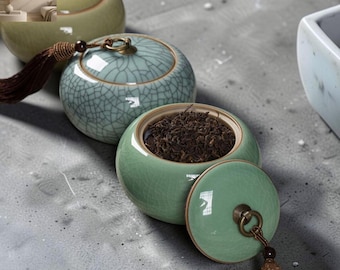 Celadon-theedoos, keramische thee-voorraadpot, craquelé glazuur bus, losse theepot, Japandi keukendecor