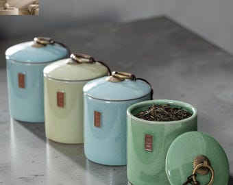 Celadon keramische theebus, Japandi keukenvoorraadpot, luxe theecontainer, decor crackle glazuur, cadeau theeliefhebber