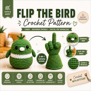 Haakpatroon voor een omkeerbare amigurumi vogel (PDF), grappig haakwerk in de vorm van een middelvinger, makkelijk doe-het-zelf-cadeau voor beginners
