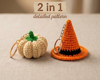 Patroonbundel gehaakte sleutelhanger | Minihoed en pompoen sleutelhanger pdf | Schattig amigurumi-sleutelhangerpatroon | Makkelijke herfst- en cadeau-haaktutorial